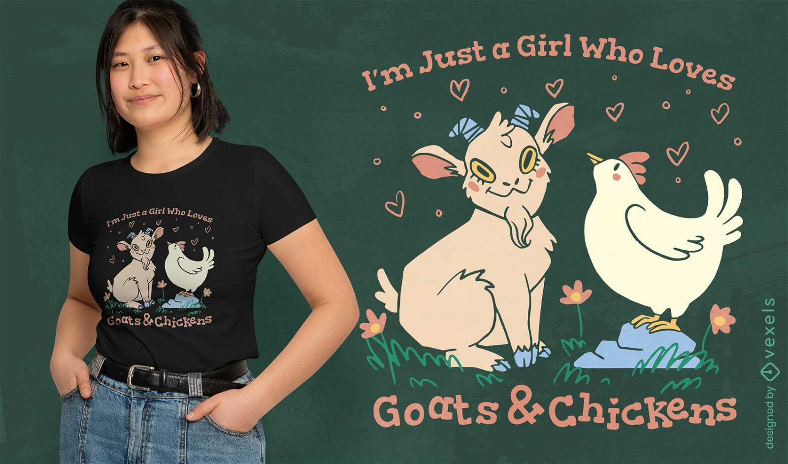 Diseño de camiseta de granja de cabras y pollos.
