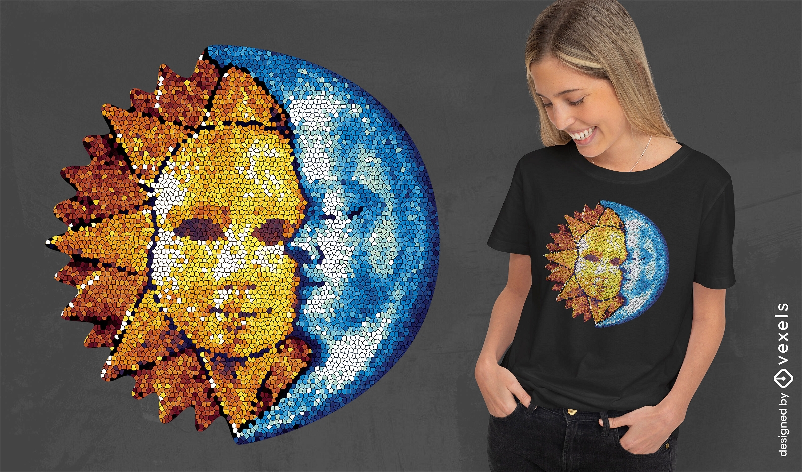 Diseño de camiseta de mosaico de sol y luna.