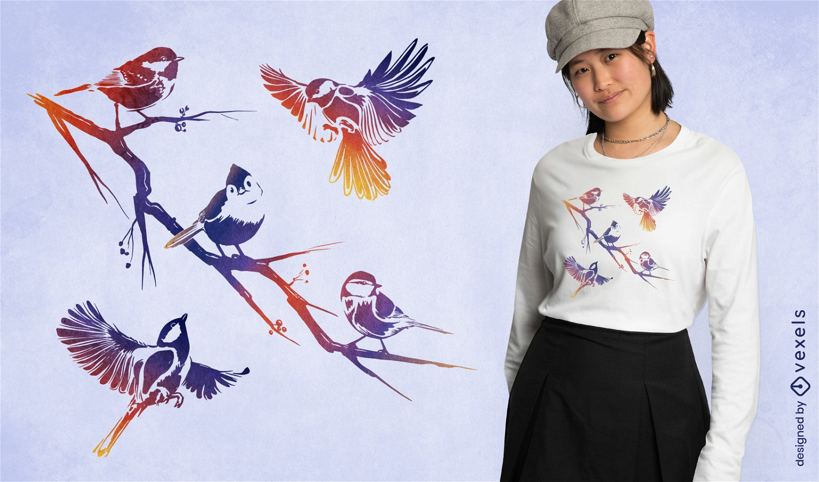 Verzweigen Sie sich mit Vögeln, die T-Shirt Design fliegen
