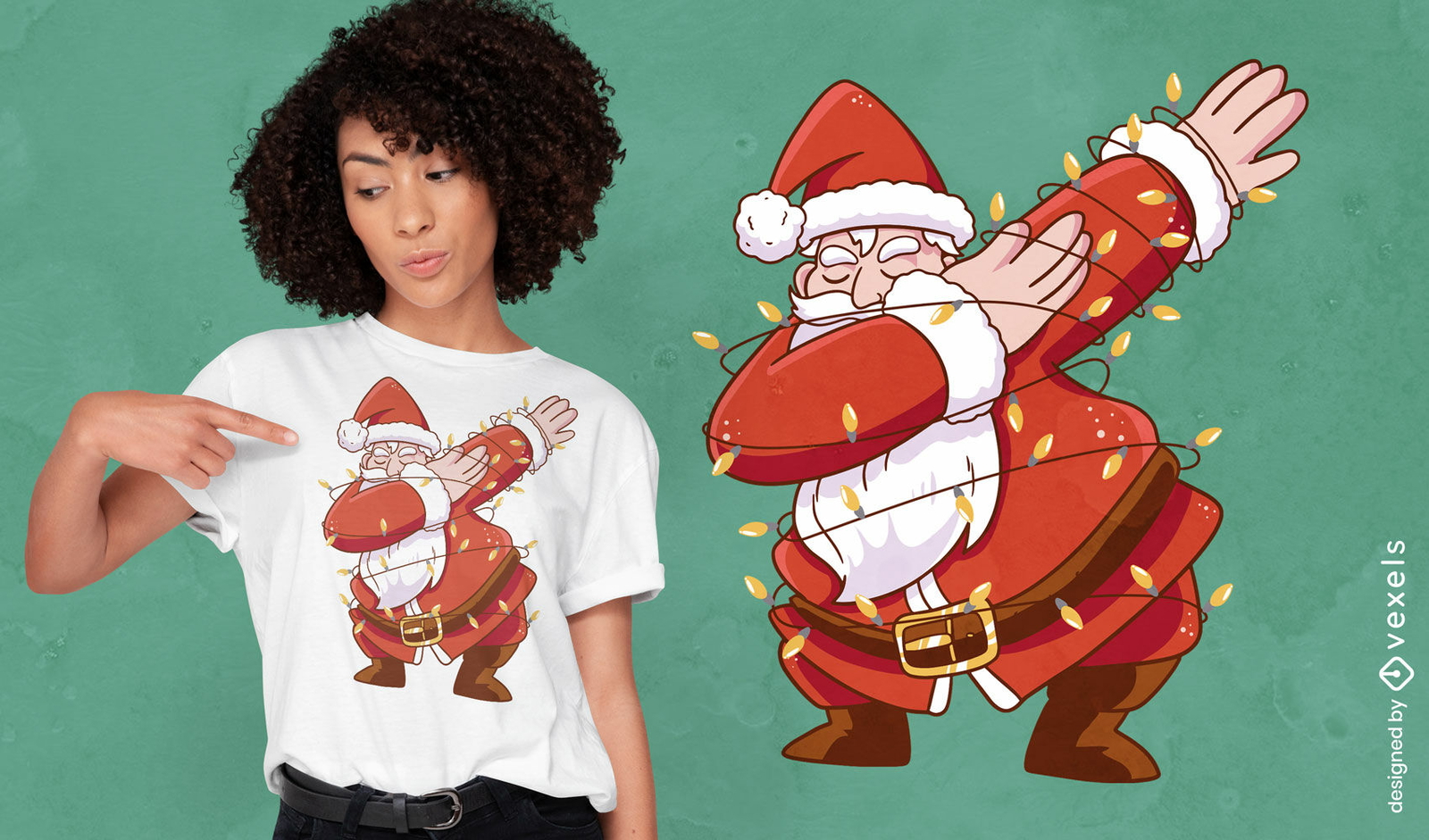 Diseño de camiseta de santa claus frotando con luces navideñas