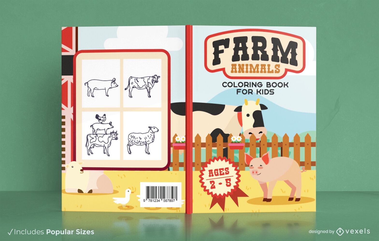 Diseño de portada de libro para colorear de granja KDP