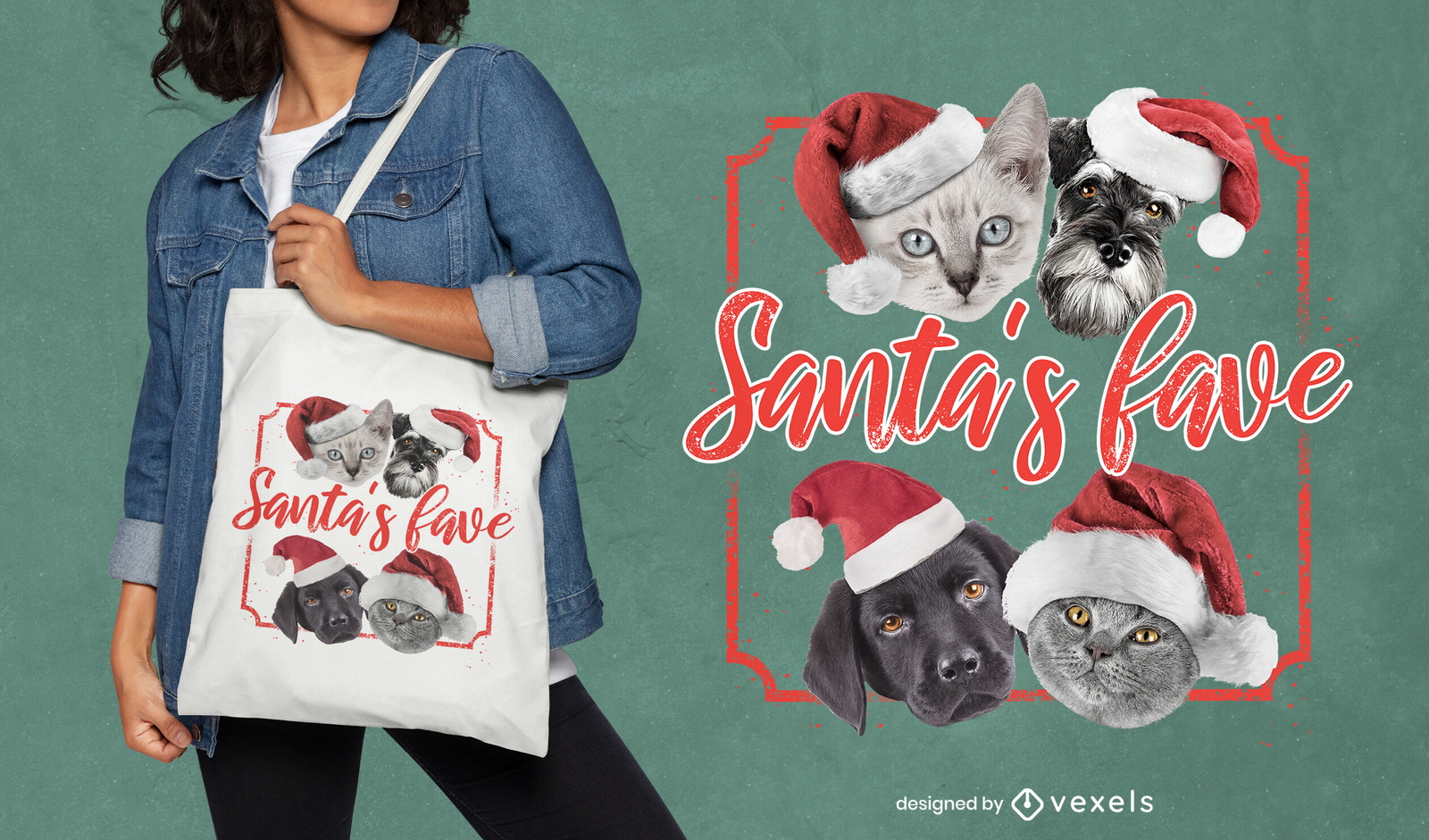 Diseño de bolso tote de mascotas navideñas