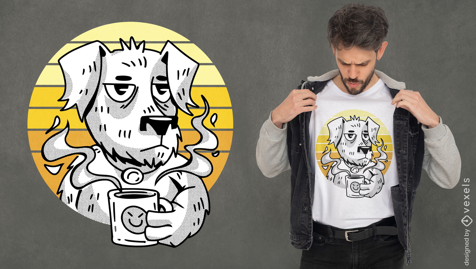 Cão de desenho animado com design de camiseta de café