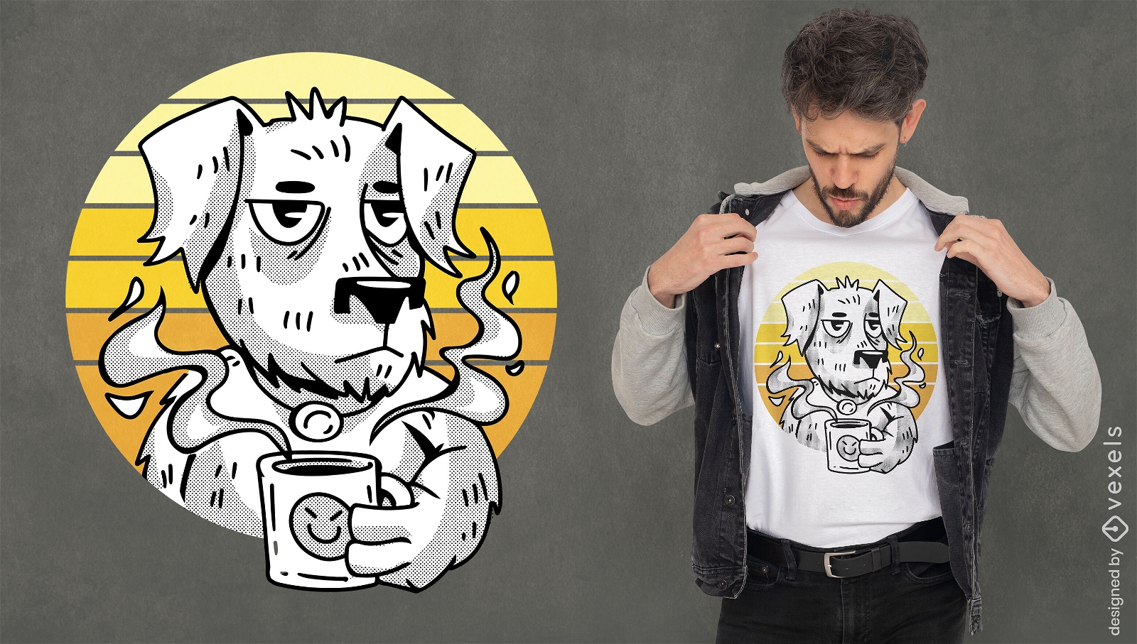 Cartoon dog with coffee t-shirt design