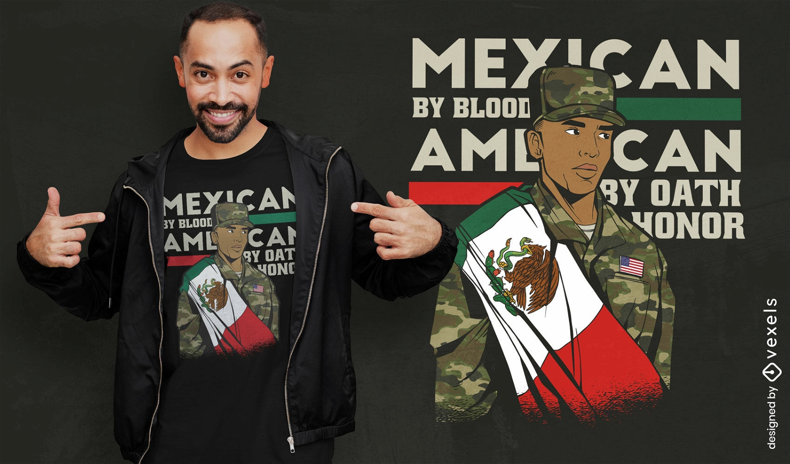 Diseño de camiseta de soldado mexicano americano.