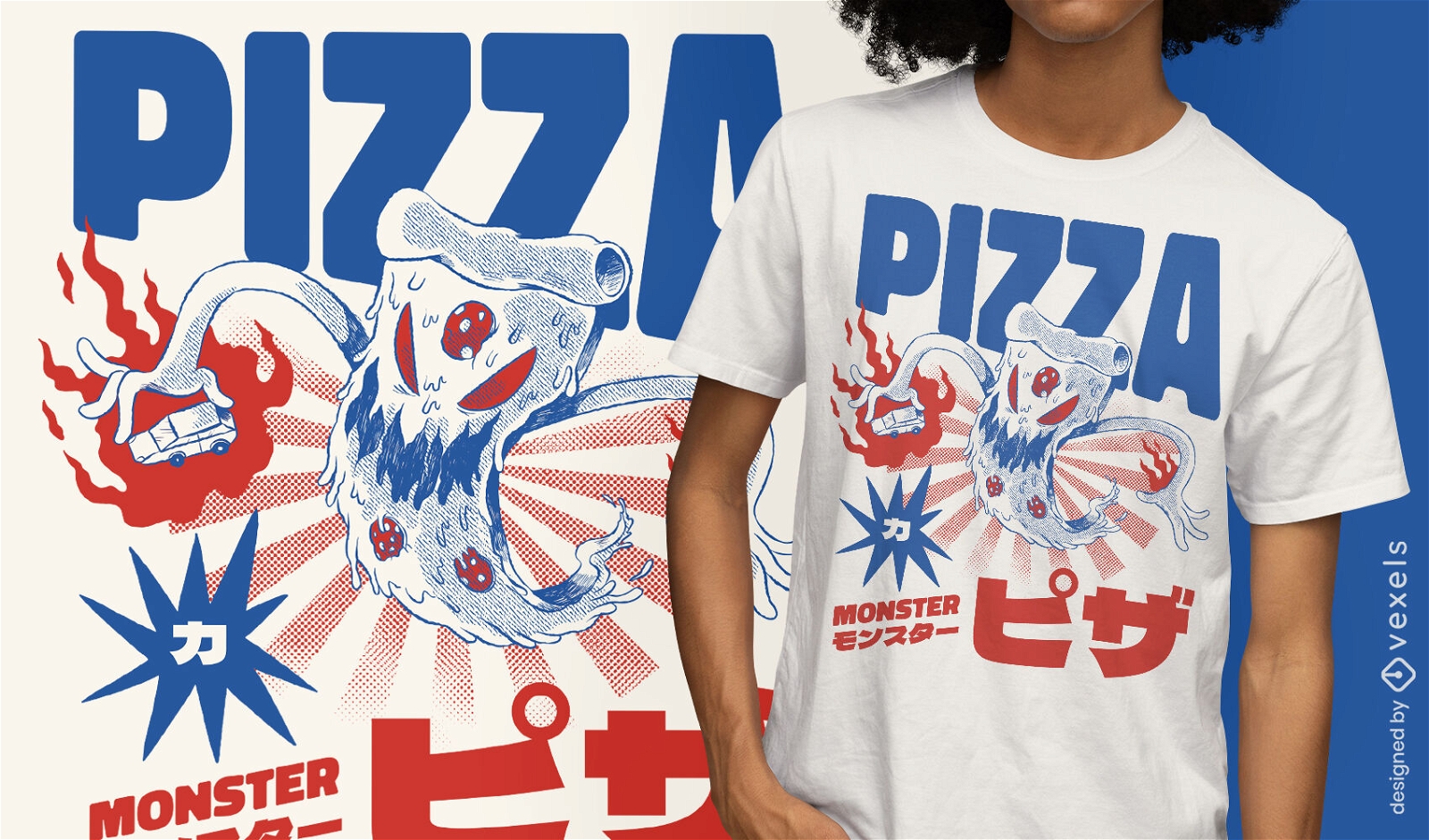 Design de camiseta de monstro de comida de pizza