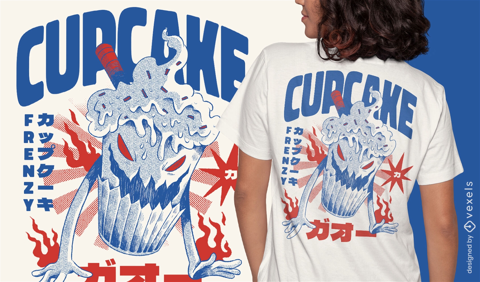 Design de camiseta de monstro de cupcake japonês
