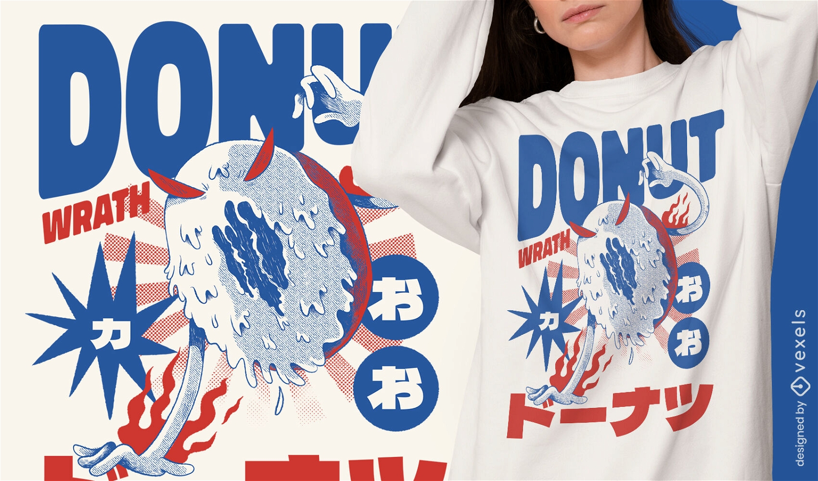 Dise?o de camiseta de monstruo de donut japon?s.