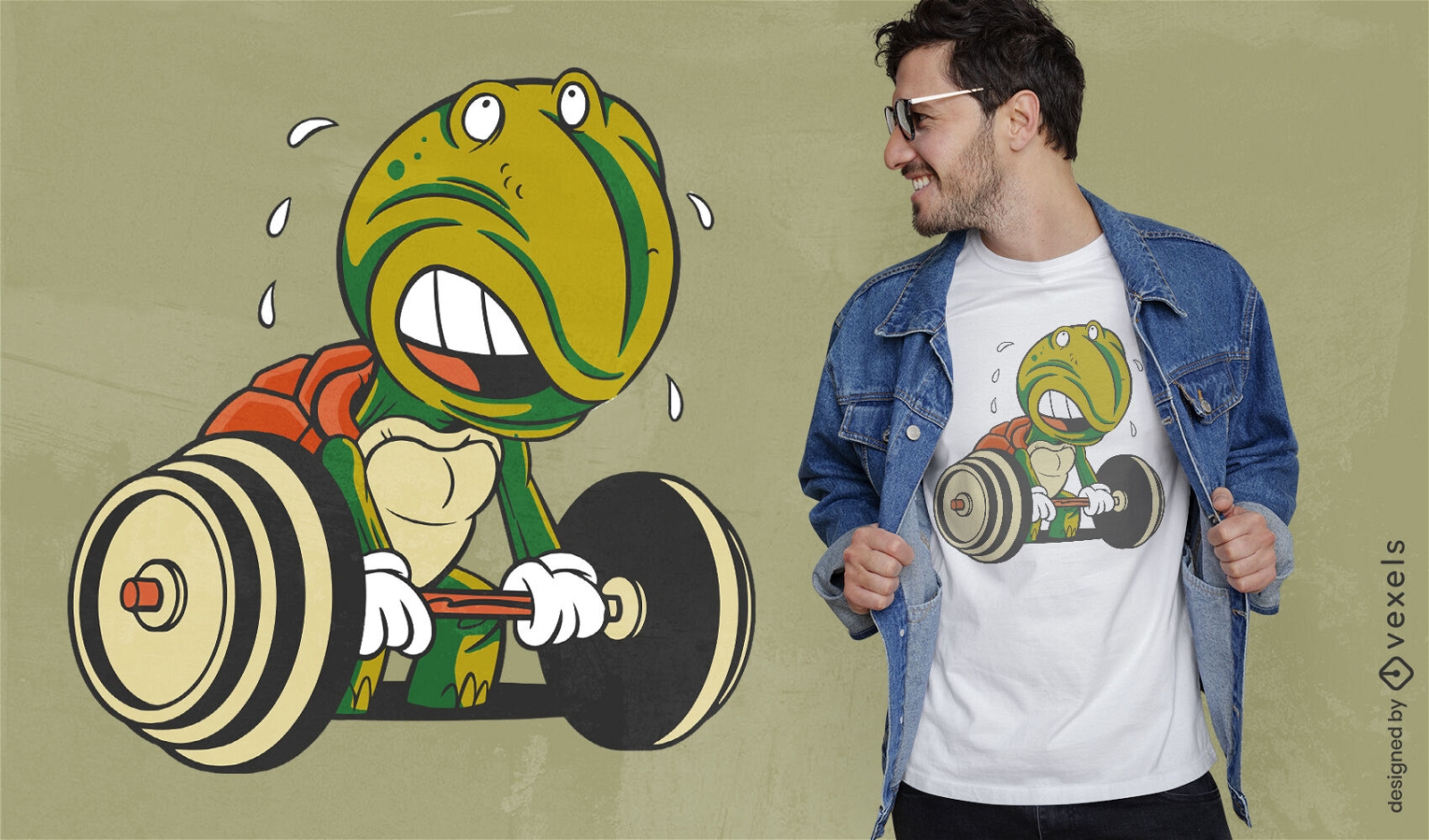 Diseño de camiseta de levantamiento de pesas de tortuga de dibujos animados