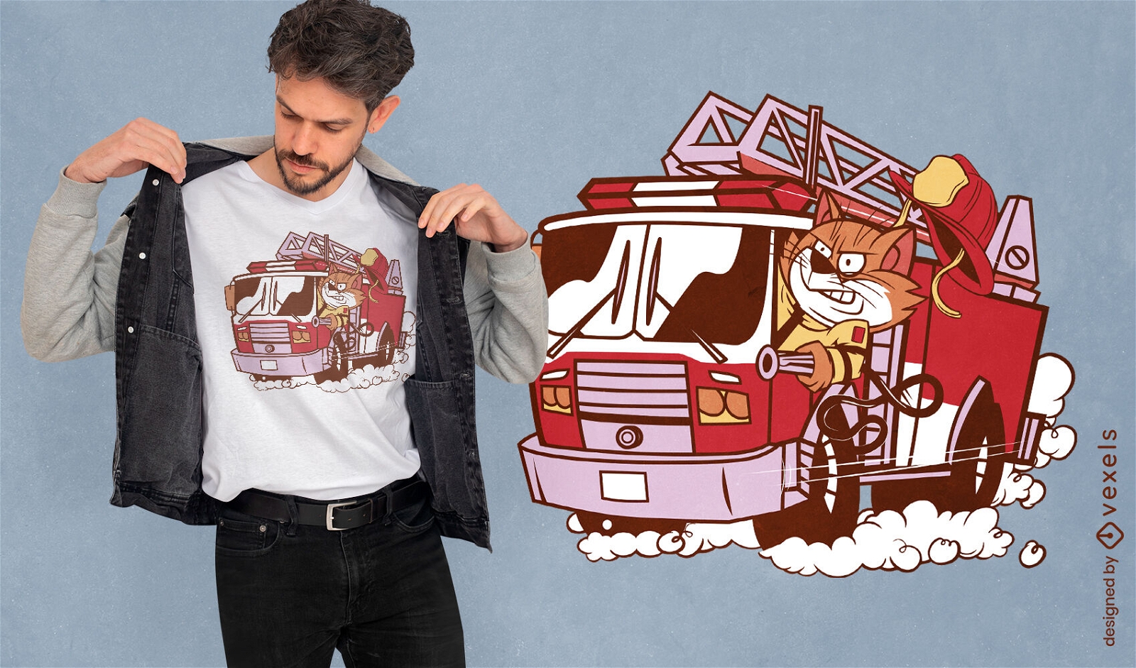 Gato bombero en diseño de camiseta de camión.
