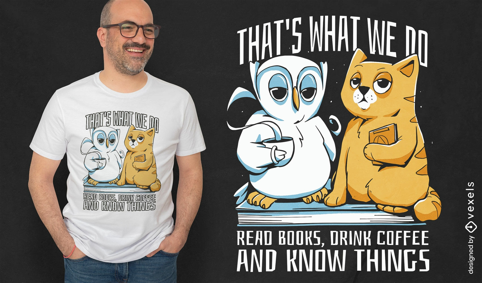 Diseño de camiseta de amigos animales búho y gato.