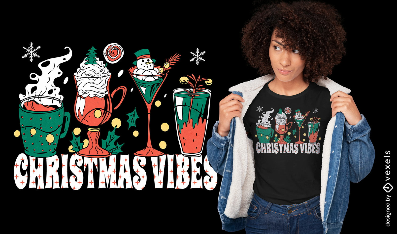 Diseño de camiseta de bebidas navideñas.