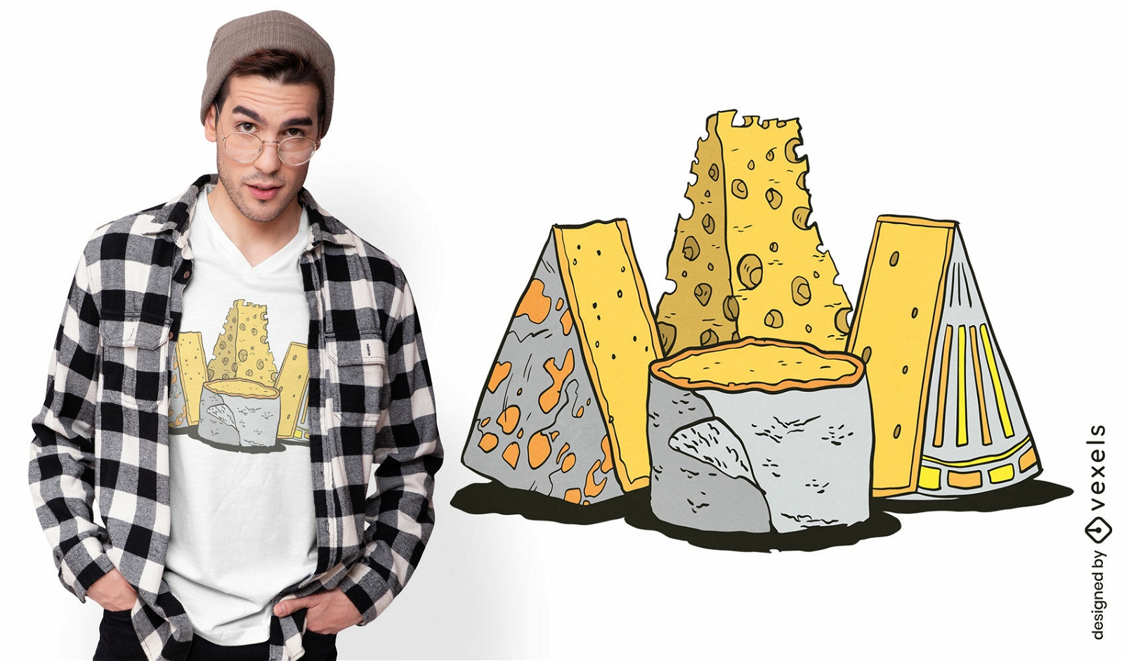 Cuatro tipos de diseño de camiseta de comida con queso.