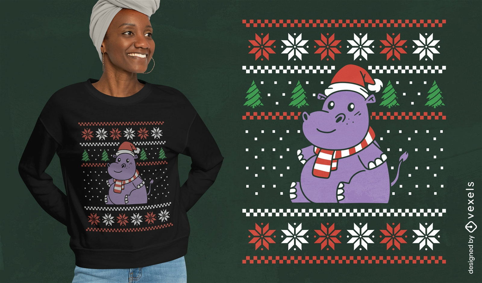 Diseño de camiseta de suéter de navidad de hipopótamo de dibujos animados