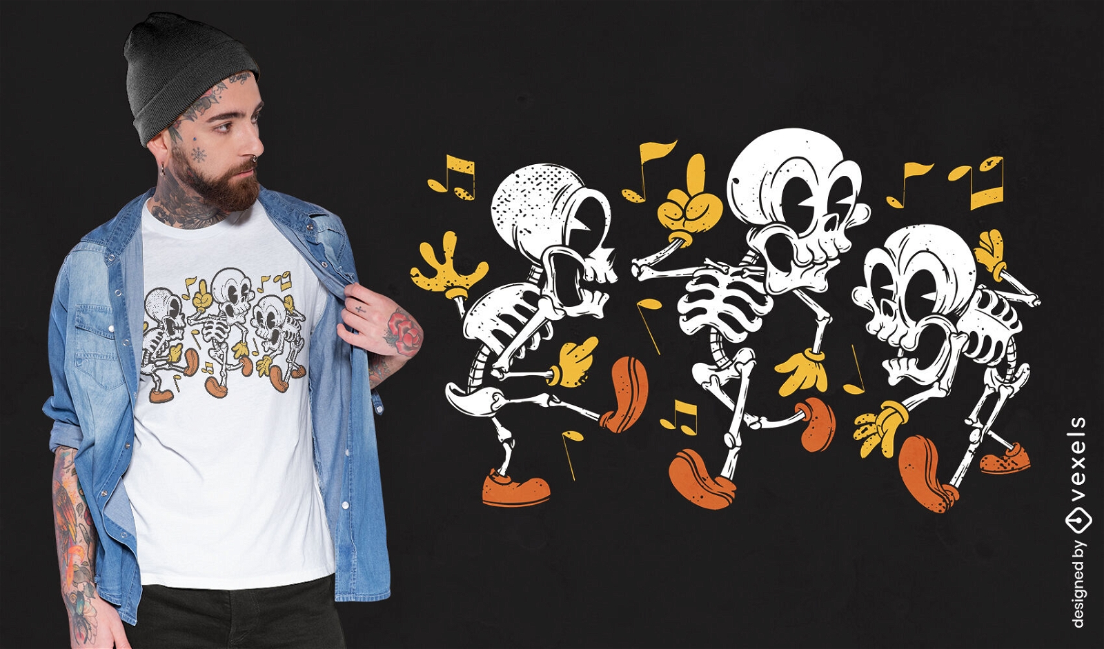 Diseño de camiseta de dibujos animados retro de esqueletos de baile