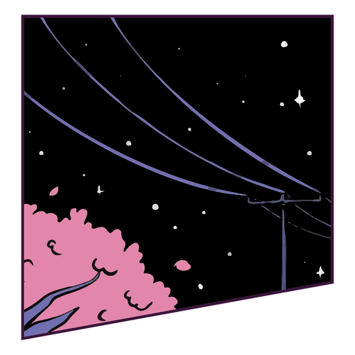 Dibujo de un árbol con flores rosadas en el cielo nocturno. Diseño PNG