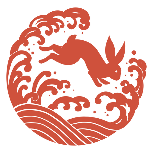 Red rabbit jumping over a wave PNG Design
