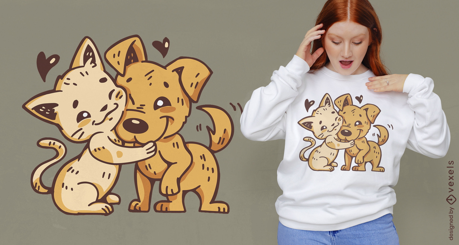 Diseño de camiseta de abrazo de gato y perro.