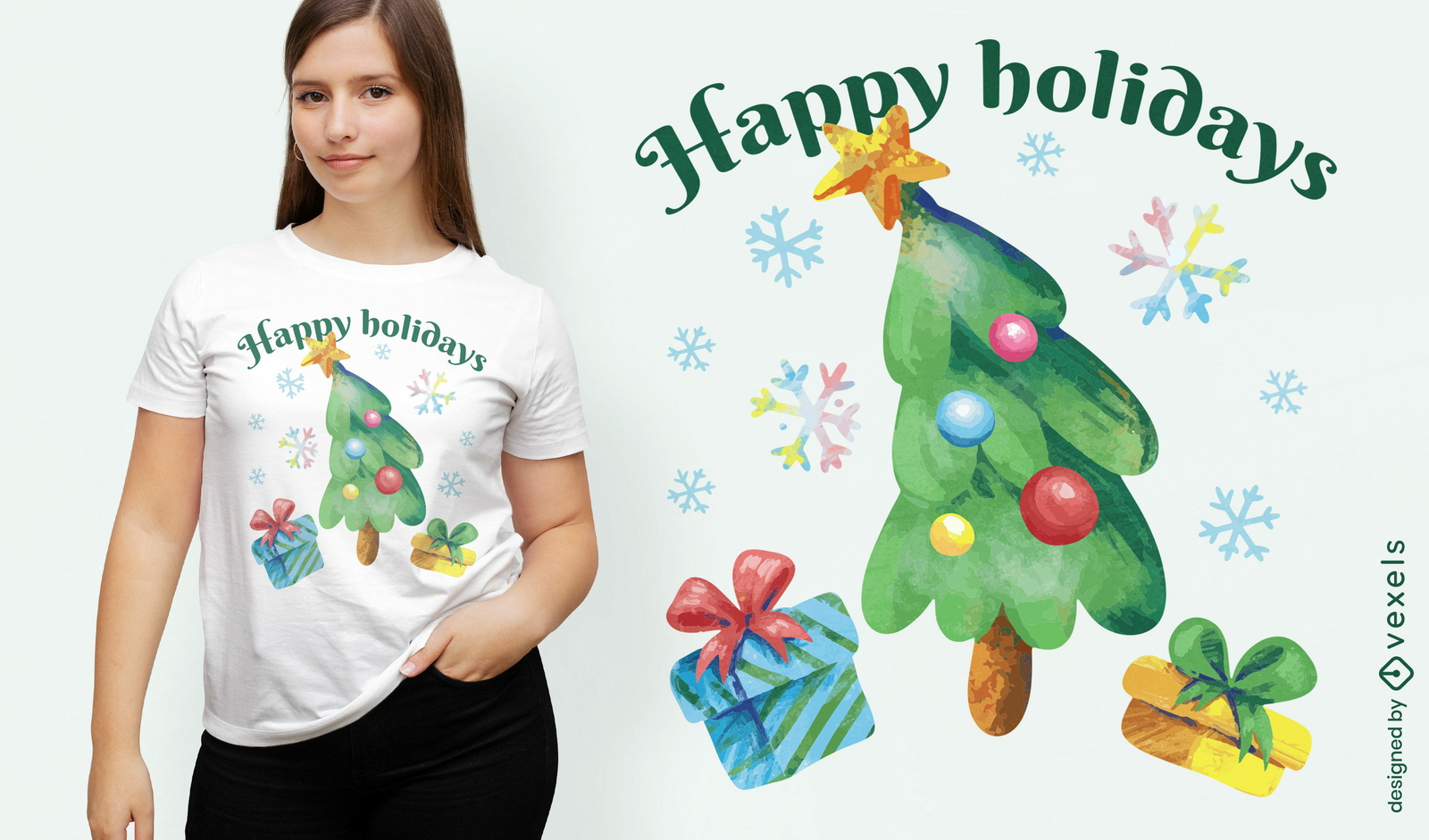 Diseño de camiseta de árbol de navidad y regalos de acuarela.