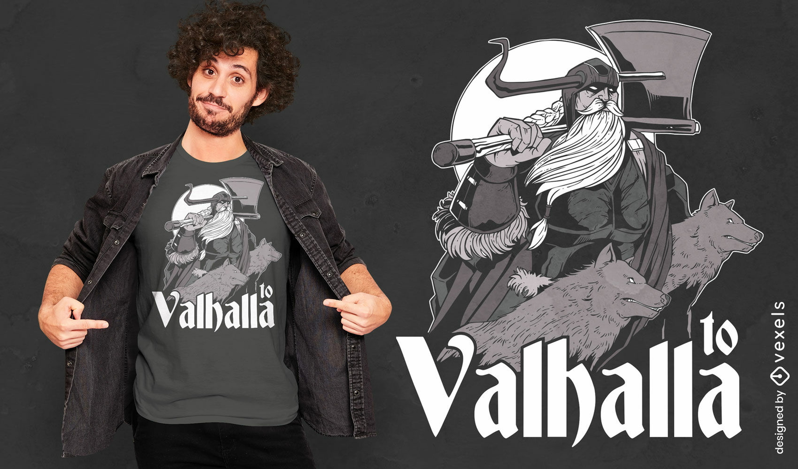 Al diseño de camiseta vikinga de Valhala.