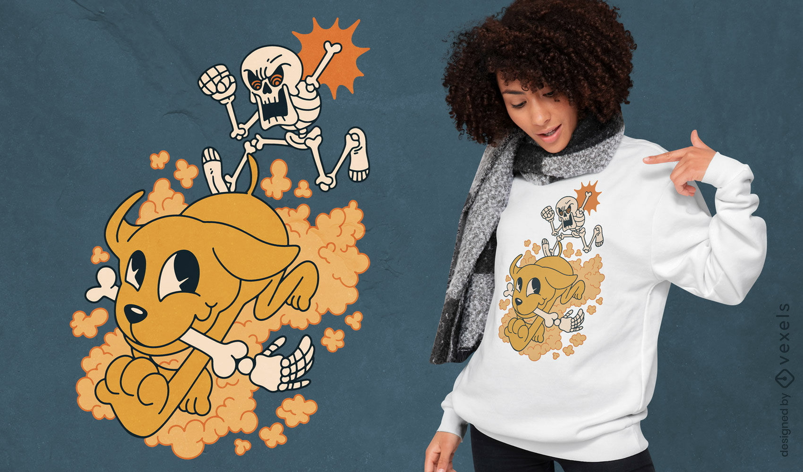 Dog stealing skeleton's bone t-shirt design