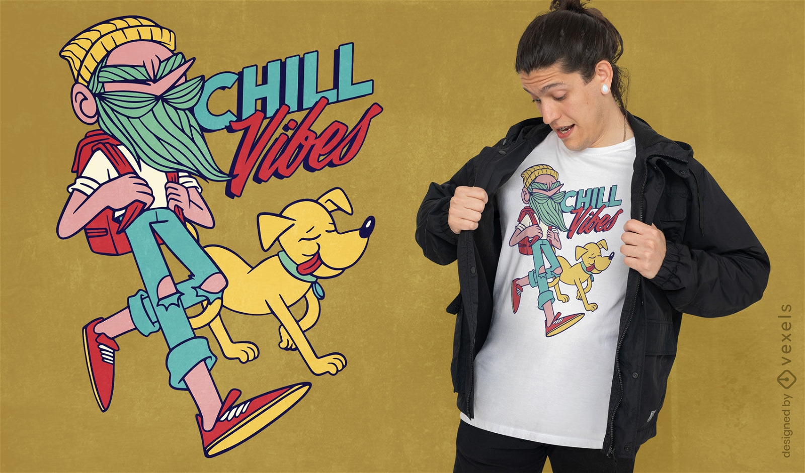 Chill hipster character and dog t-shirt design