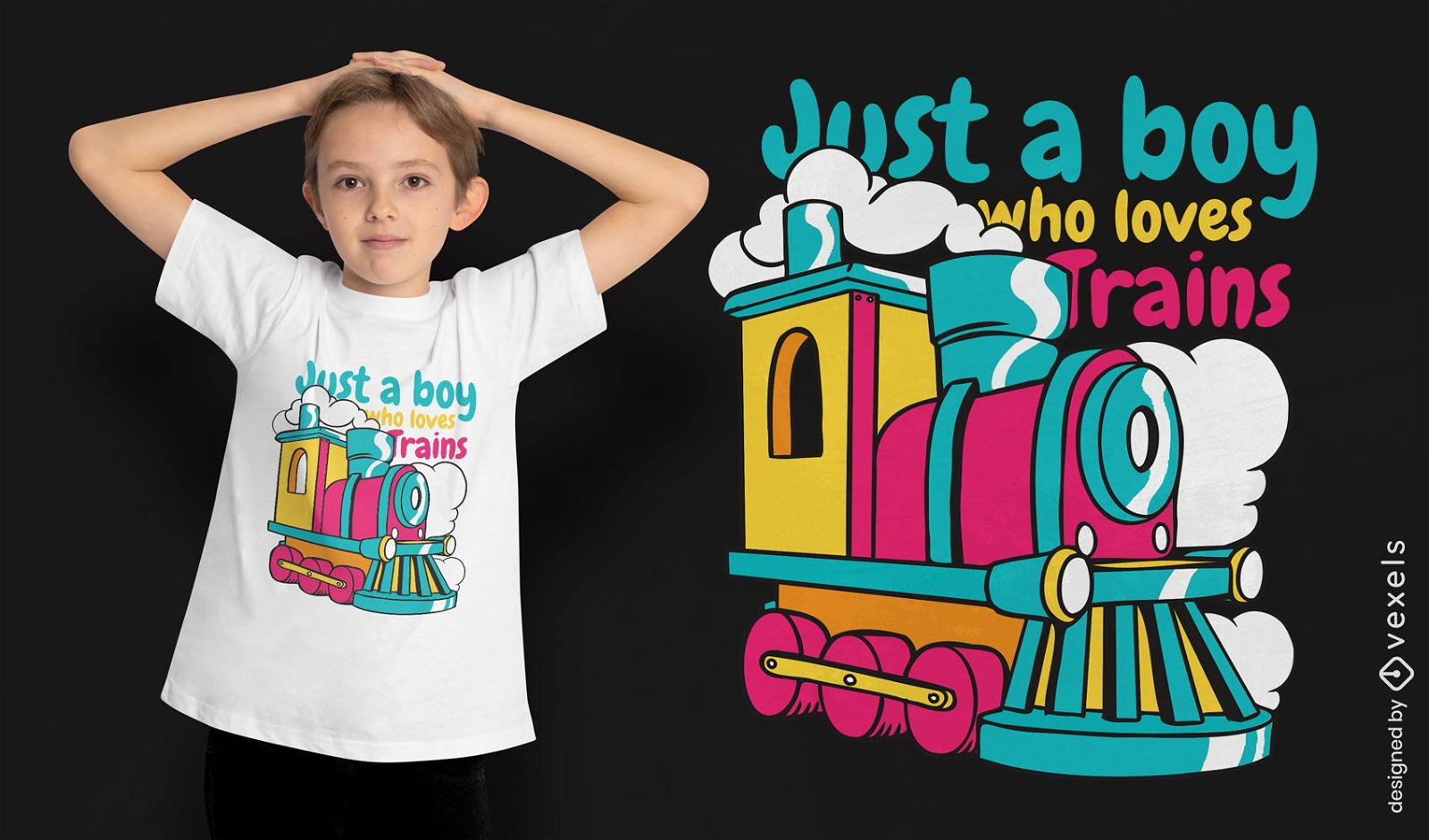 El chico ama el dise?o de la camiseta de los trenes.