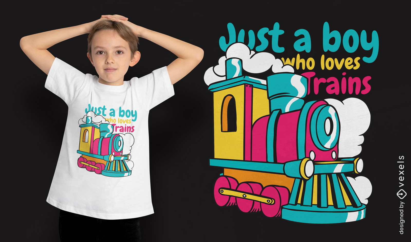 Menino adora design de camiseta de trens