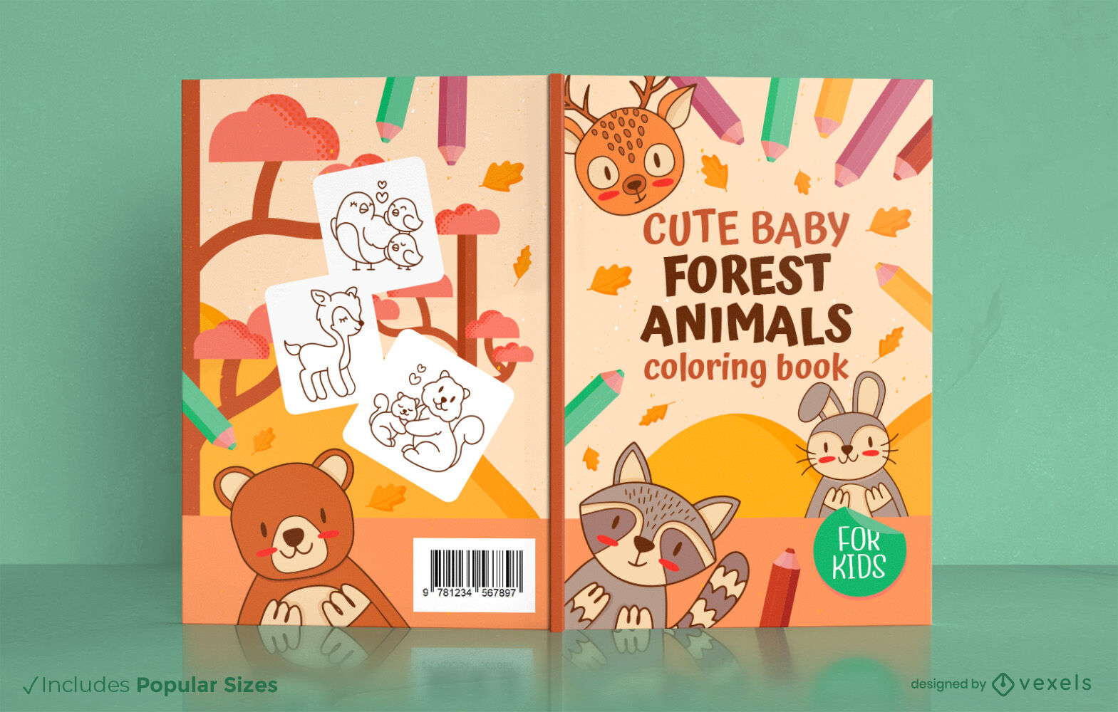 Animais da floresta, crianças, design de capa de livro para colorir KDP