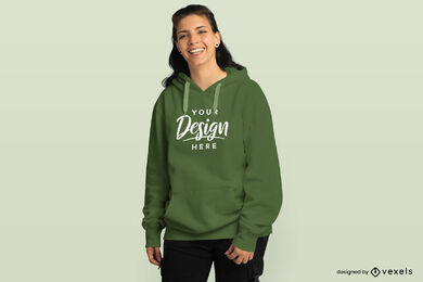 Woman Laughing In Oversized Hoodie Mockup PSD Editable Template