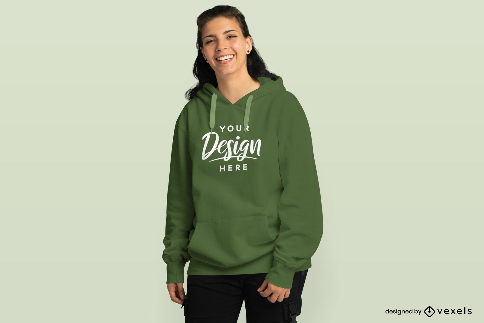 Woman laughing in oversized hoodie mockup