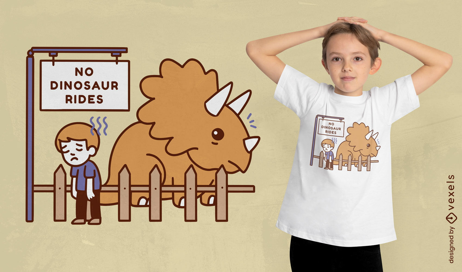 Criança triste e design de camiseta engraçada de dinossauro