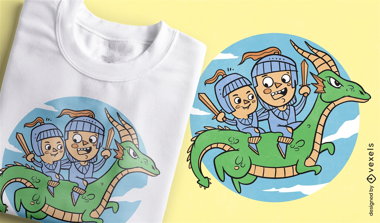 Diseño de camiseta de niños caballeros y dragones.