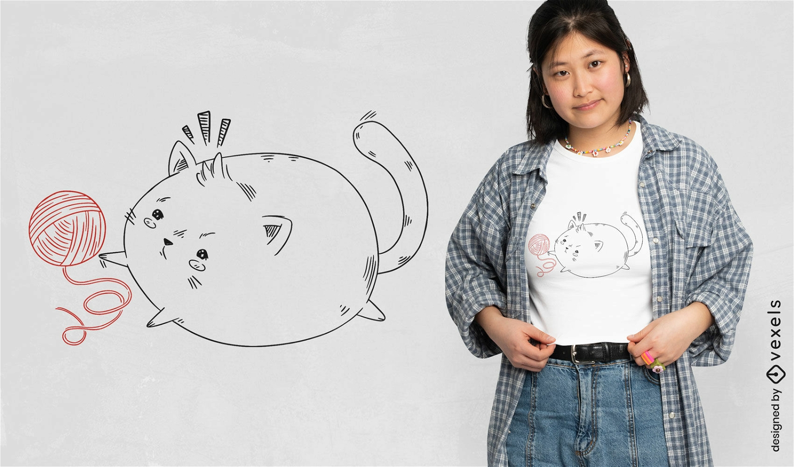 Gato gordito con diseño de camiseta de hilo