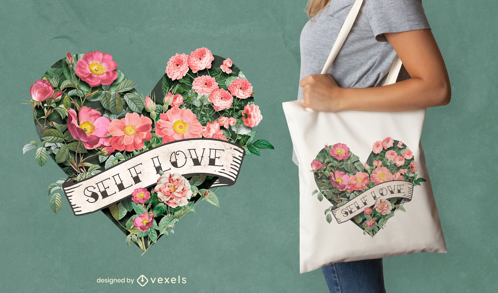 Diseño de bolso de mano de amor propio con corazón floral