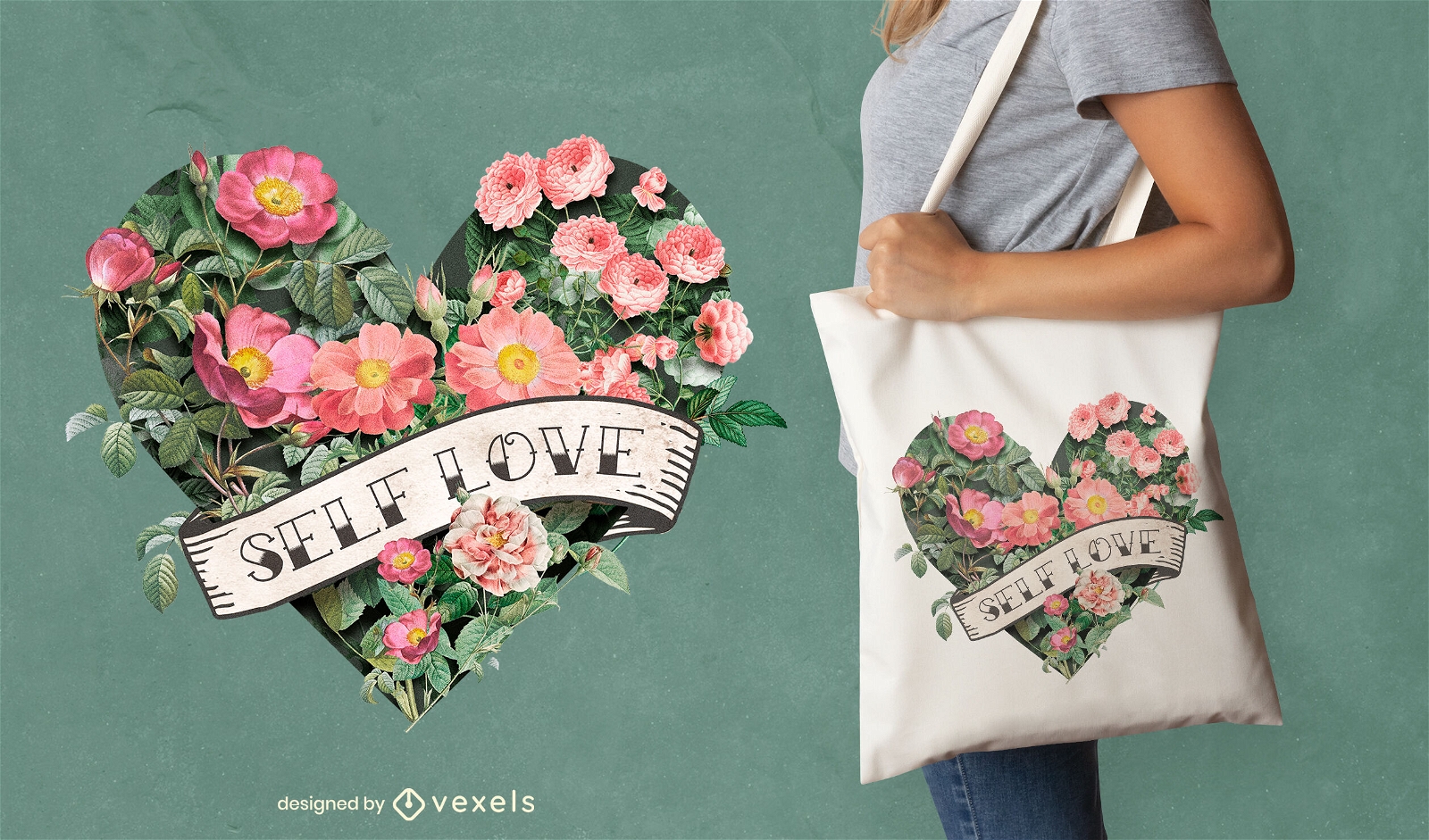 Floral heart self love tote bag design