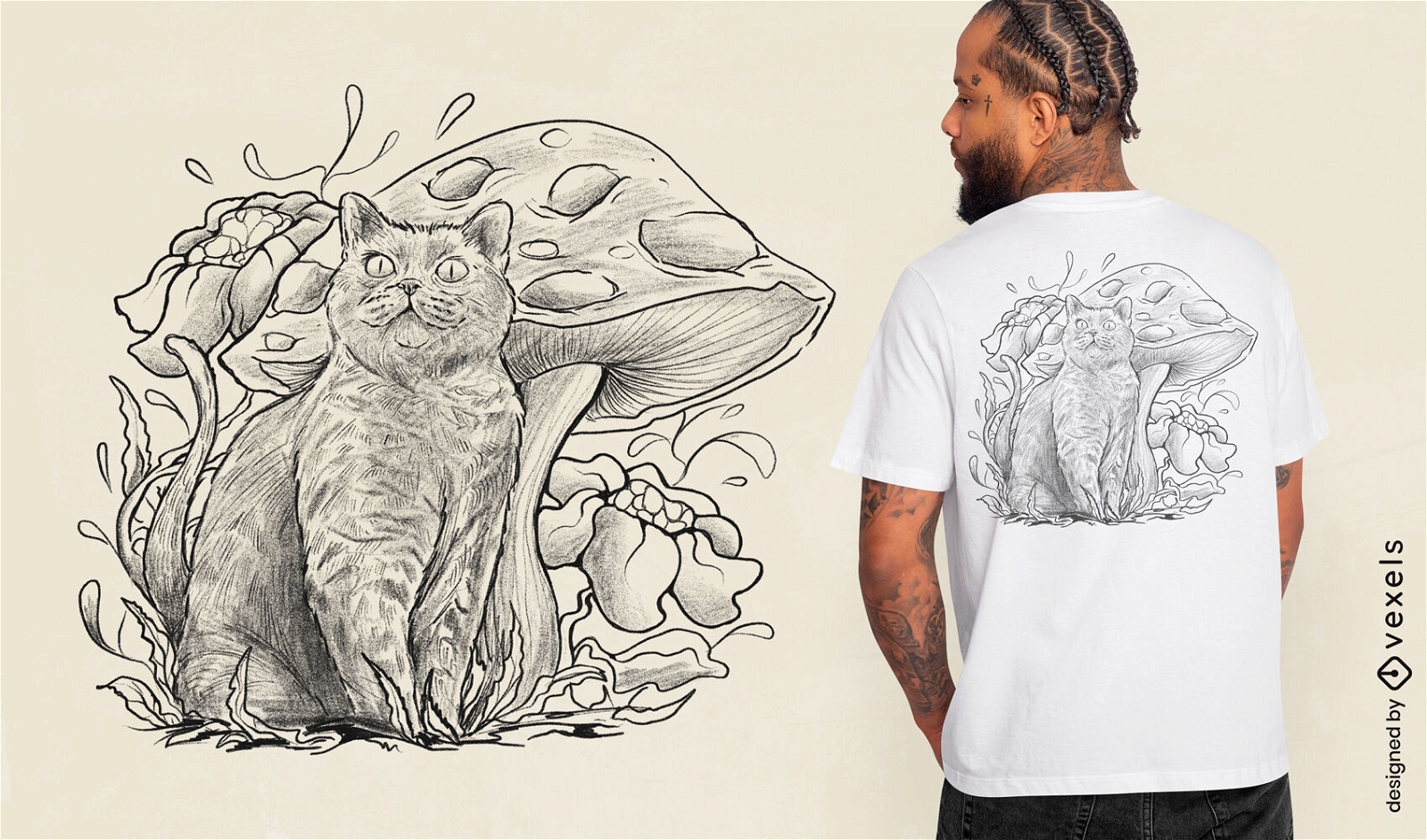 Cat with mushrooms t-shirt design