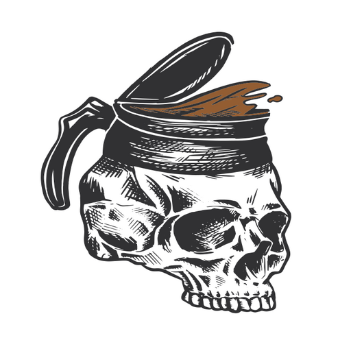 Calavera con una taza de café. Diseño PNG