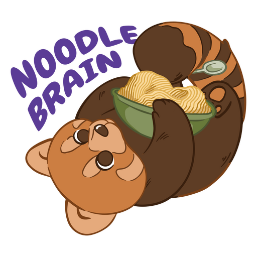 Panda rojo sosteniendo un plato de fideos con las palabras noodle Brain Diseño PNG