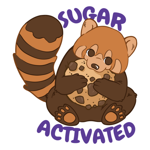 Red panda holding a cookie with the words sugar activated PNG Design