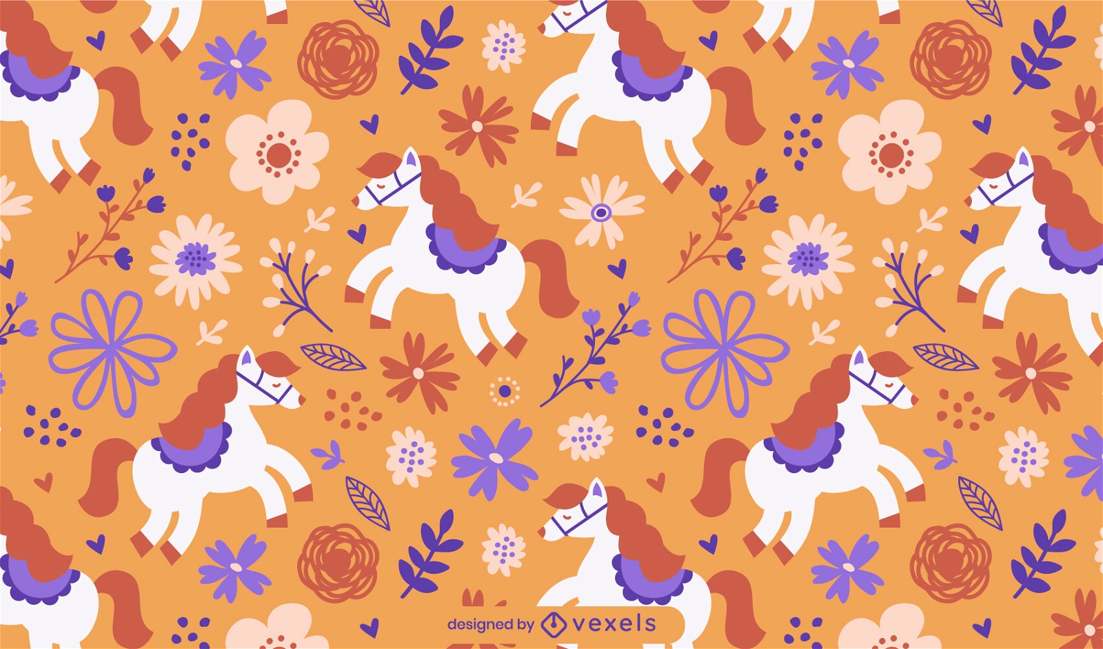 Desenho de padrão sem costura de cavalos e flores