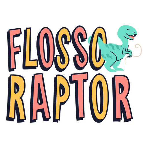 Dinosaurio de dibujos animados con las palabras flosso raptor Diseño PNG