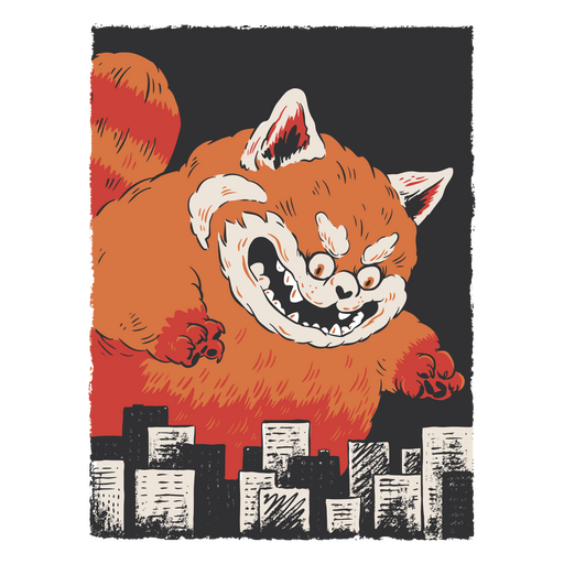 Monstro panda vermelho destruindo cidade Desenho PNG