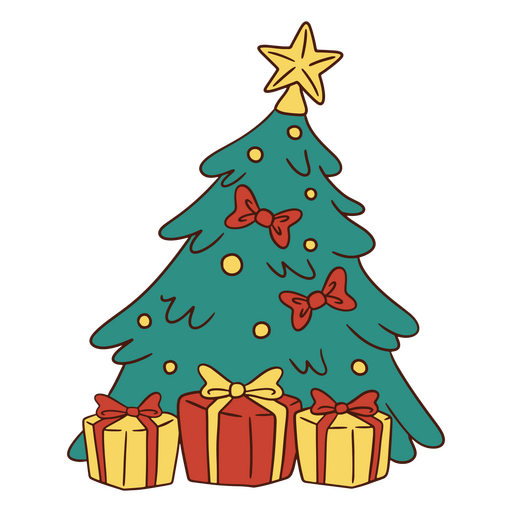 Árbol de Navidad con regalos a su alrededor. Diseño PNG