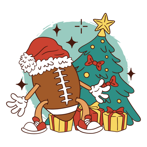 Cartoon football with santa claus on it near a christmas tree PNG Design