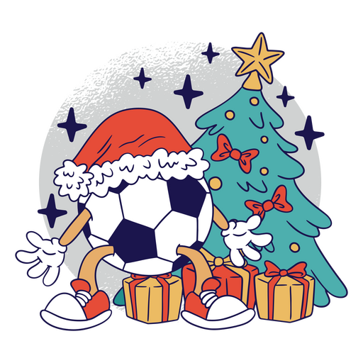 Bola de futebol com chapéu de Papai Noel perto de uma árvore de Natal Desenho PNG