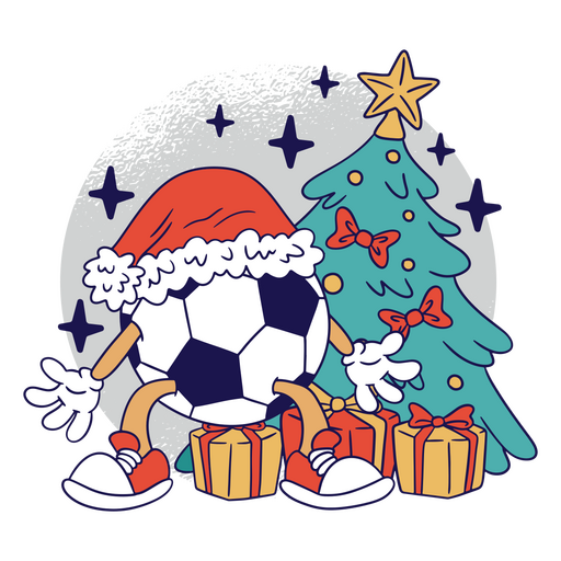 Soccer ball with a santa hat near a christmas tree PNG Design