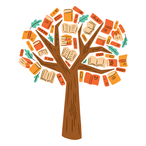 Árbol con muchos libros. Diseño PNG