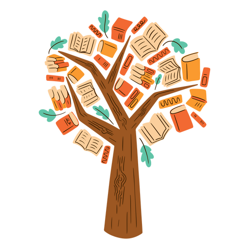 Árbol con libros de color naranja. Diseño PNG