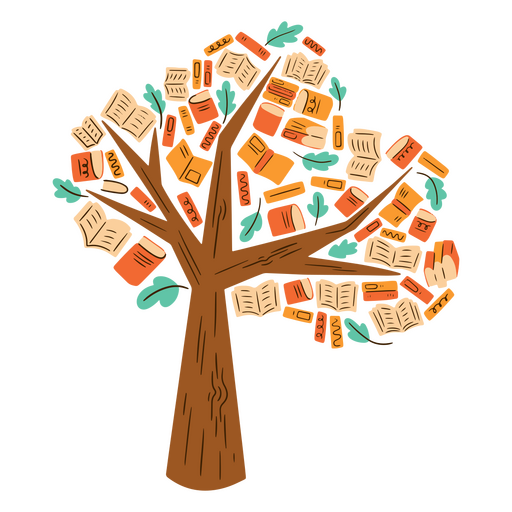 Árbol con libros sobre él. Diseño PNG